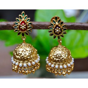 Green Leaf Enameled Golden Jhumka